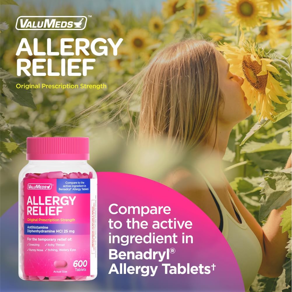 ValuMeds Allergy Medicine Antihistamine, Diphenhydramine HCl 25 mg | Children and Adults | Relieve Itchy Eyes, Runny Nose, Sneezing (25 mg, 600)