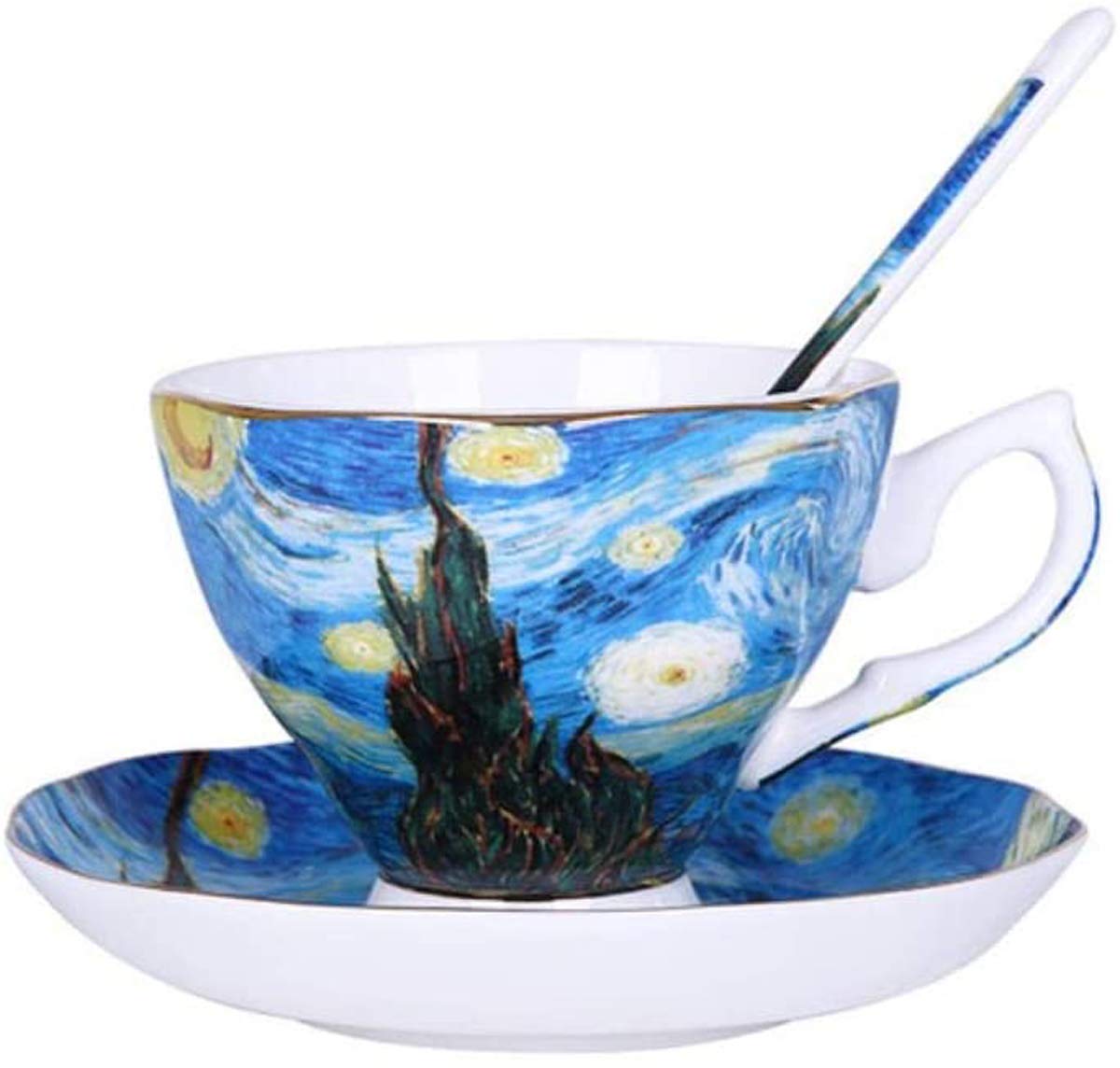 Eplze YBK Tech Bone China Cup and Saucer Set, 7oz Teacup - Design Inspired by Van Gogh's Paintings (Starry Night) — image 1