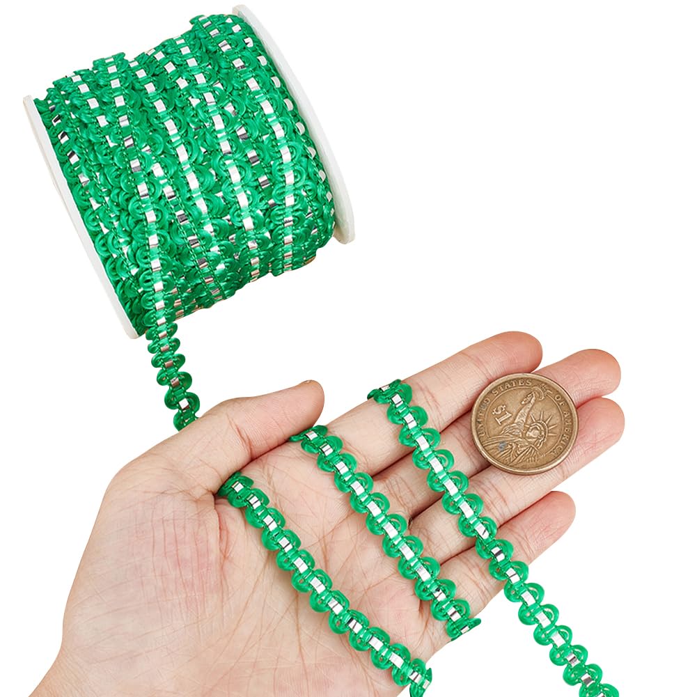 CABODYALS 25M 8mm Green Silver Woven Braid Wave Trim Rick Rack Trim Gimp Braided Ric Rac Metallic Zig Zag Bending Lace Trims for Sewing Making Gift Wrapping Diy Christmas Decor Craft Supply