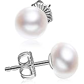 JORA Sterling Silver White Button Freshwater Cultured Pearl Stud Earrings for Women Gift