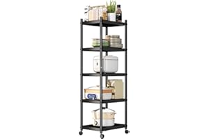 caktraie 5-Shelf Heavy Duty Shelving,Metal Utility Storage Racks with Rolling Wheels, Adjustable Kitchen Storage Rack, Black…