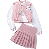 BEAUDRM Girl's 2 Piece Outfit Letter Embroidery Baseball Jacket and Pleated Short Skirt Set