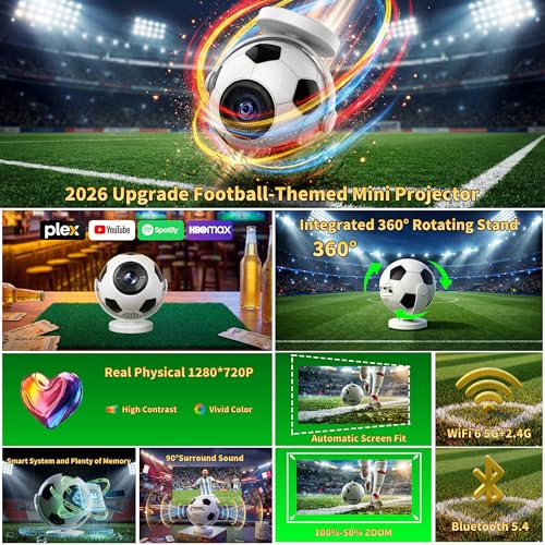 [Built-in Apps & 2026 Football Projector] Mini Projector Support 4K 1280P with WiFi 6 and Bluetooth 5.4, Auto Keystone 360° Rotatable Projector Portable Compatibile with HDMI/TV Stick/USB - White