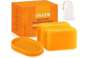 LOYATRO Kojic Acid Turmeric Soap Bar Dark Spots for Face & Body, Deep Cleansing, Gentle Soap Sensitive Skin Formula, All Skin Types 2Pack with Soap Dish