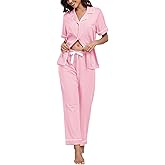 COLORFULLEAF 100% Cotton Women's Pajamas Sets Button Down Sleepwear Short Sleeve with Long Pants Lounge Pj set