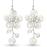 AeraVida Dazzling Cultured Freshwater White Pearl & Mother of Pearl Flower .925 Sterling Silver Dangle Earrings | Handmade Elegant Floral Drop Earrings for Women | Wedding Jewelry Gift | 65mm