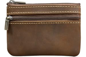 Wugebud 1 Pcs Leather 2 Zipper Coin Purse Wallet With Key Ring, Coin Organizer, Change Holder,Card Case, Leather Zipper Storage Bag for Men