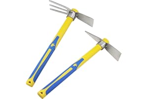 ZEONHEI 2 PCS Garden Hoe Tools, Stainless Steel Cultivator Hand Tiller and Hand Pick Axe with Fiberglass Handle, Pick Mattock Hoe for Planting Digging Weeding Gardening