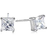Amazon Essentials Plated Sterling Silver Cubic Zirconia Stud Earrings (Round & Princess)