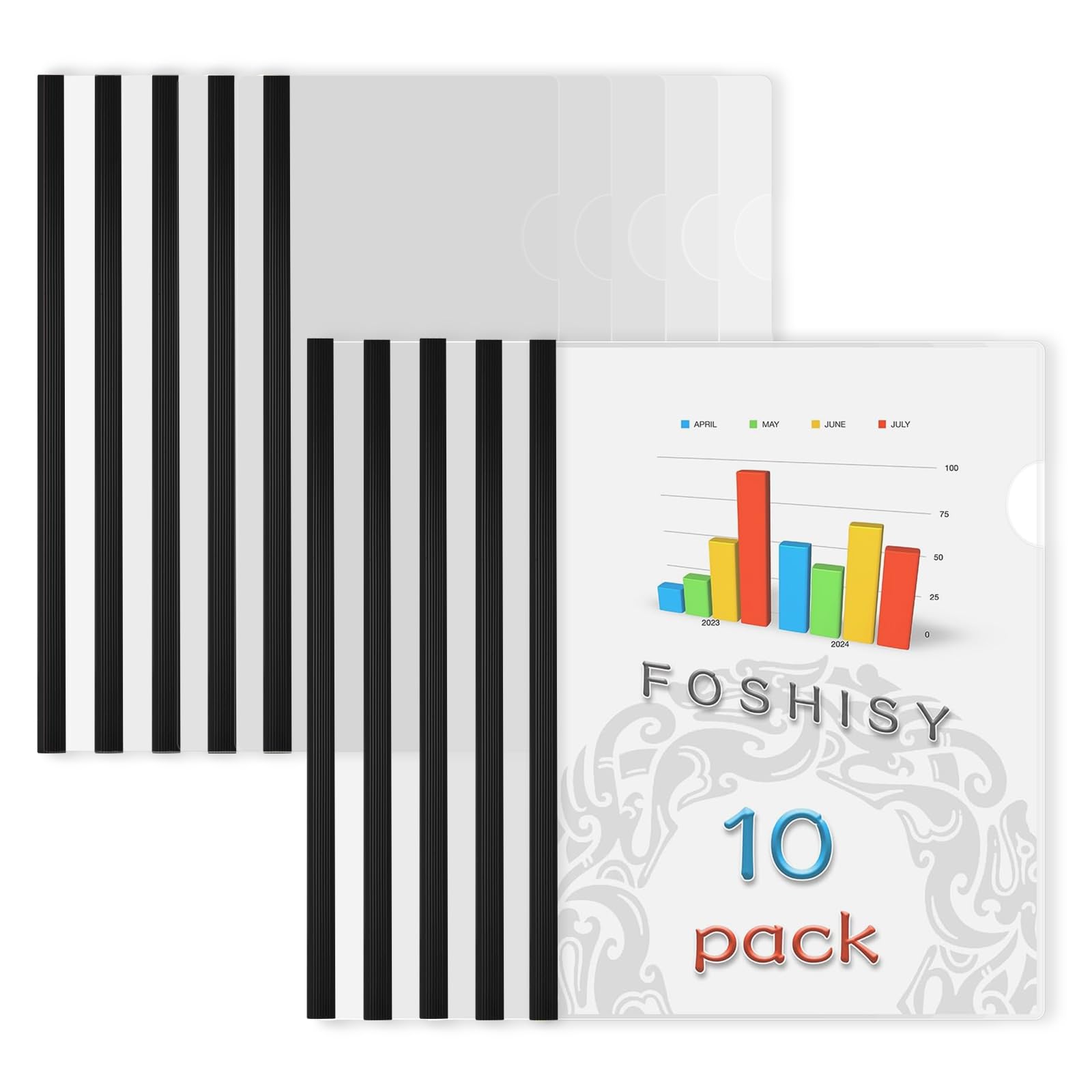 FOSHISY A4 10 Pack Clear Report Covers with Sliding Bars, 9mm Sliding Bar Report Covers, 40 Sheet Capacity, Black
