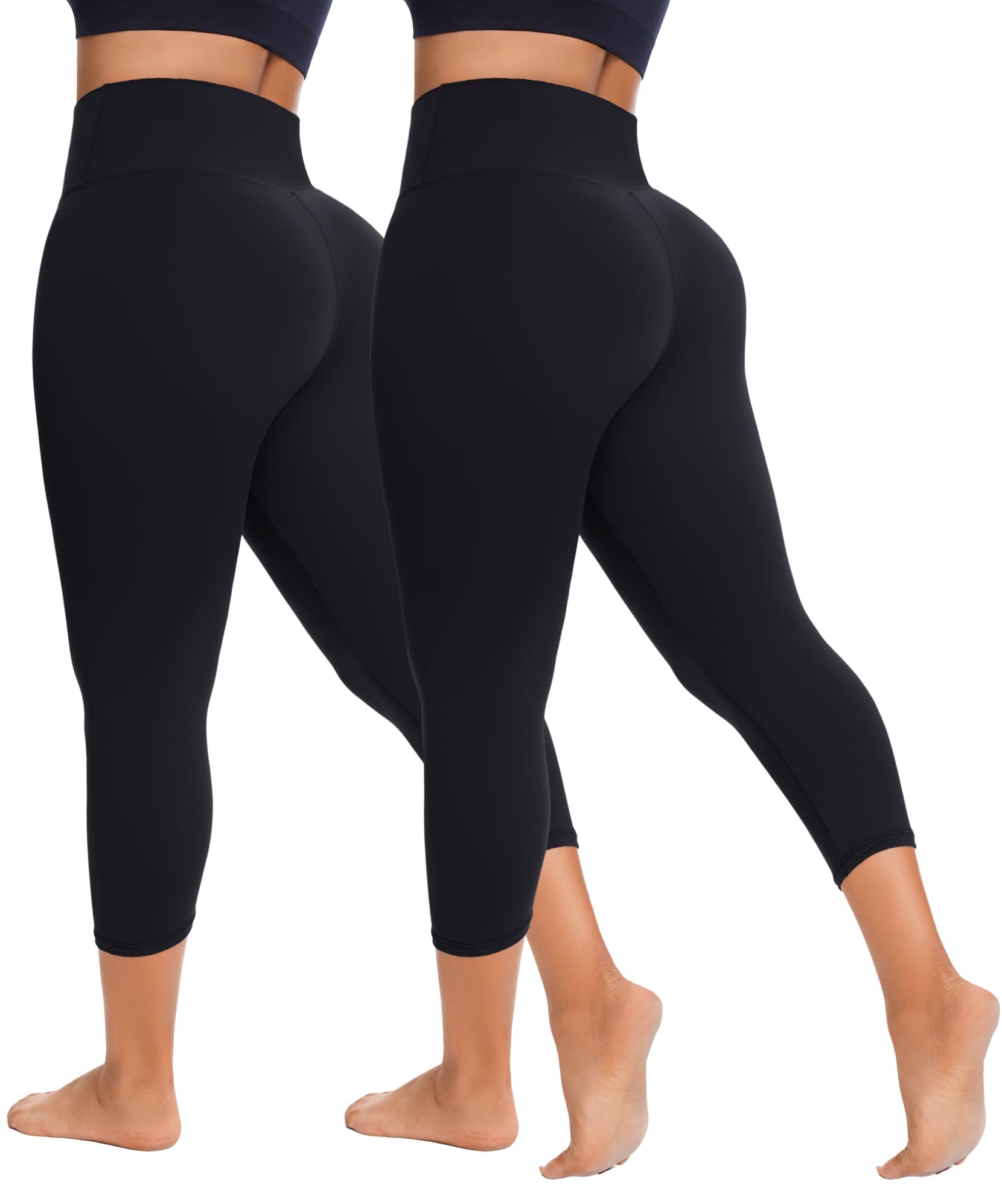 Photo 1 of 2 Pack Capri Leggings for Women-High Waist Tummy Control Non See Through Leggings Butt Lift Workout Capri Pants (2 Pack Black,Small-Mediu)