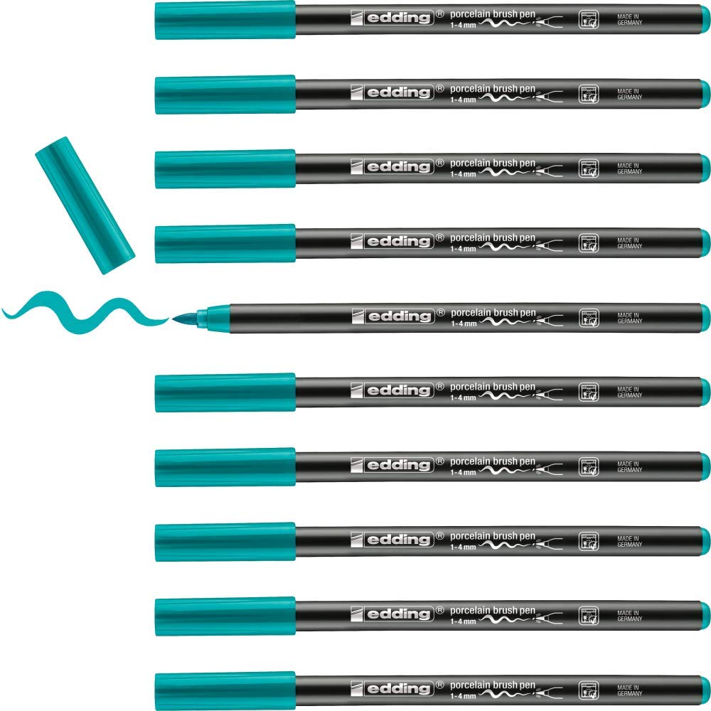 edding 4200 porcelain brush pen - turquoise - 10 pens - brush tip 1-4 mm - felt-tip pen for painting and decorating ceramics, porcelain - dishwasher-safe, lightfast ink, quick-drying