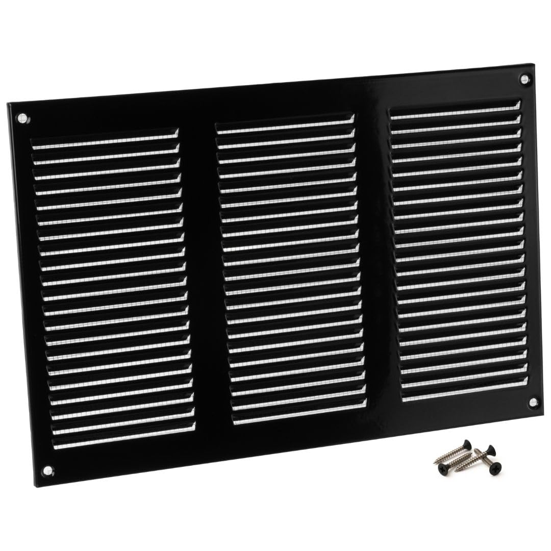 Steinberg14 Black 300x200mm Metal Air Vent Cover with Insect Mesh - 12x8 inch Ventilation Grille - Air Vent Register for Walls and Ceilings - Ventilation Cover for Outdoor and Indoor