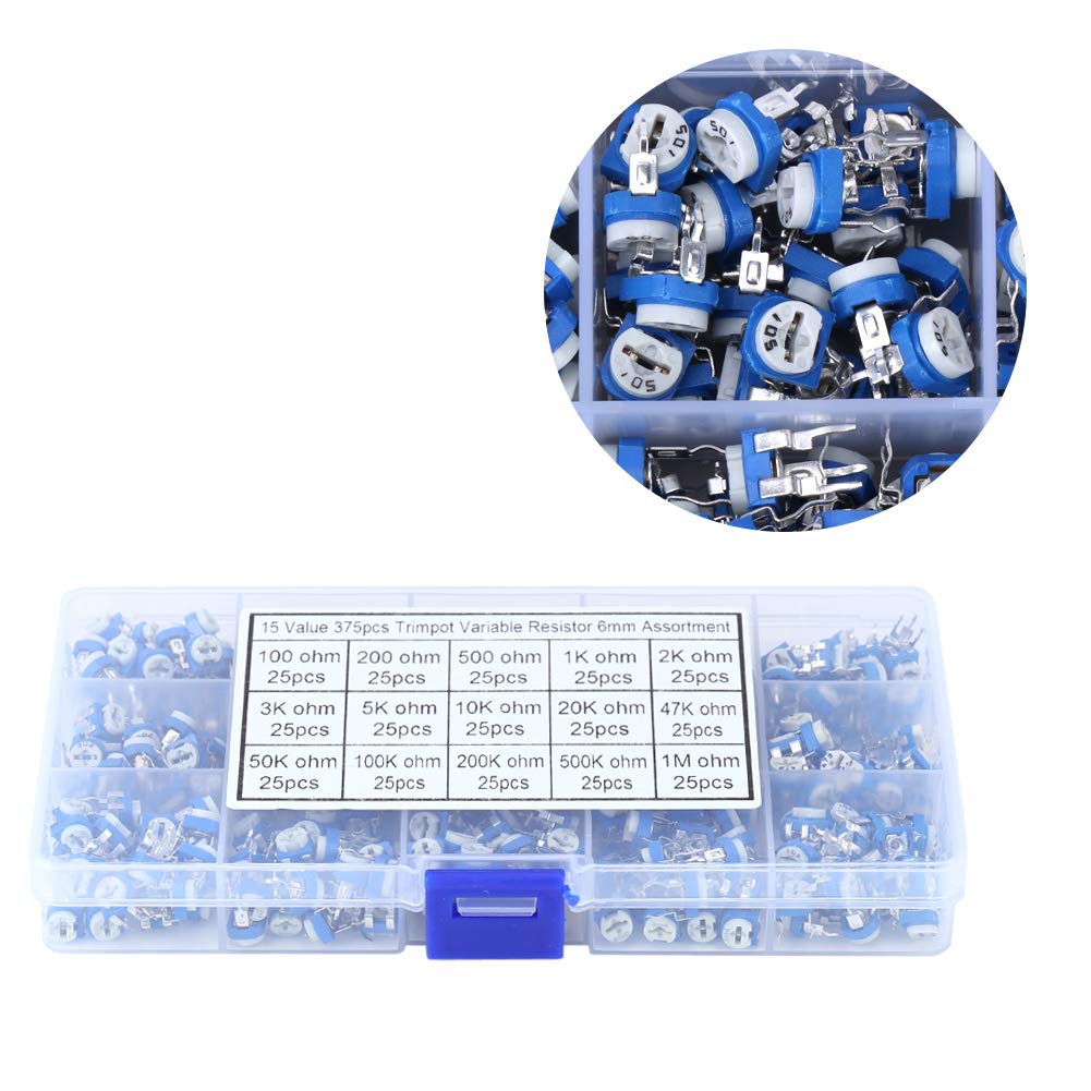 TOPINCN Variable Resistor Set 15 Values 100Ohm-1Mohm Trimmer Potentiometer Assortment Kit With Box, 375Pcs