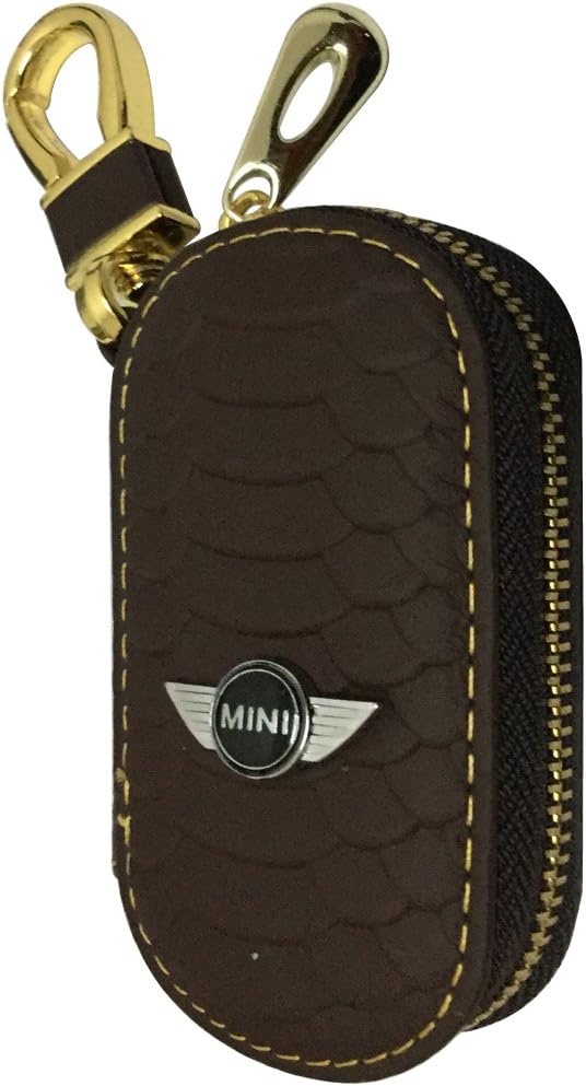 New 1pcs Brown Leather Oval Shaped With Gold Color Clasp Car Key Wallet Zipper Case Keychain Coin Holder Metal Hook Bag Collection For Mini Cooper Car Vehicle Auto Lover