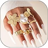 YueYueLoove Gold Chunky Rings Set Chunky Gold Flower Rings Pearl Stacking Statement Rings for Women 14k Gold Plated Thick Dome Stackable Open Rings Exaggerated Baroque Pearl Stack Rings