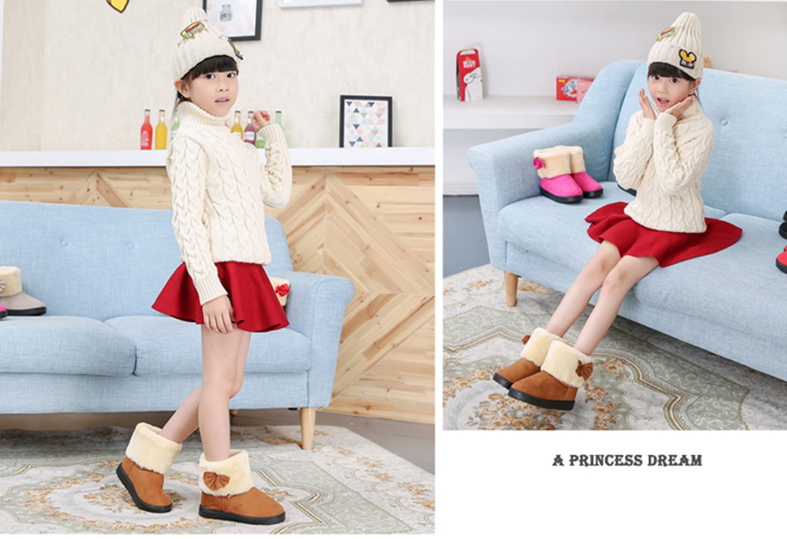 DADAWEN Baby's Girl's Toddler Fashion Cute Bowknot Fur Lining Princess Warm Snow Boots