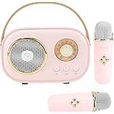 Aresrora Mini Karaoke Machine for Kids,Portable Bluetooth Speaker with 2 Wireless Microphone,Toys for Girls Boys Gifts,Retro Speaker Set Stereo Sound Enhanced Bass for Home Party Birthday (Pink)