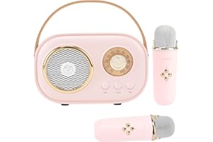 Aresrora Mini Karaoke Machine for Kids,Portable Bluetooth Speaker with 2 Wireless Microphone,Toys for Girls Boys Gifts,Retro Speaker Set Stereo Sound Enhanced Bass for Home Party Birthday (Pink)