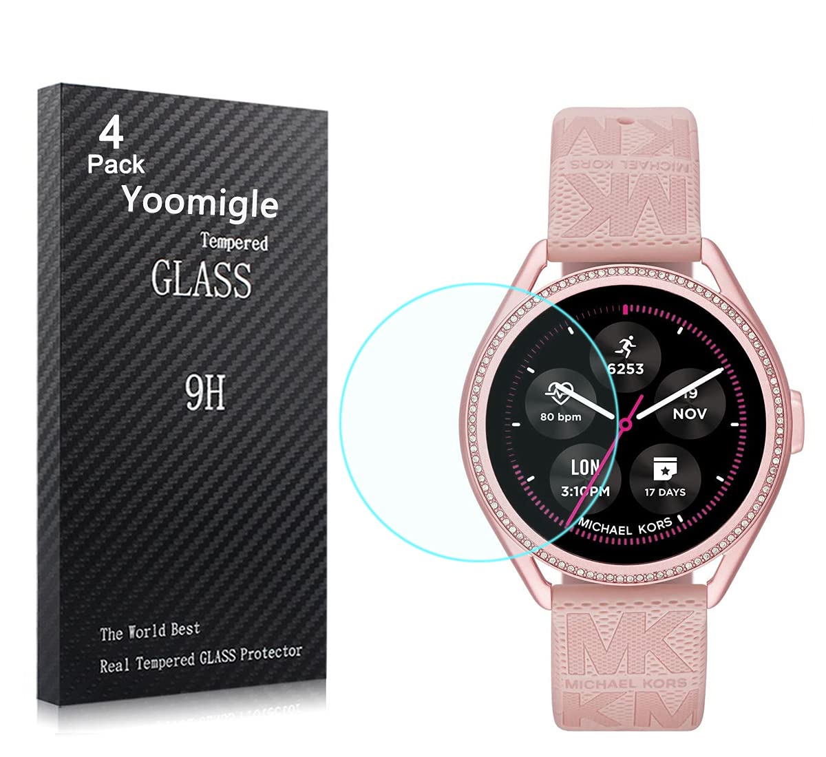 Yoomigle 4 Pack Compatible with Michael Kors Gen 5E MKGO Screen Protector Tempered Glass for Michael Kors Women Gen 5E MKGO Smartwatch Screen Protector Cover Foils Glass Anti-Scratch Bubble Free