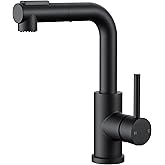 FORIOUS Modern Black Bar Sink Faucet, Stainless Steel Single Handle Small Pre Kitchen Sink Faucet with Pull Out Sprayer, 360° Swivel Spout L-Shaped Design Suitable for Camper Outdoor Bathroom RV