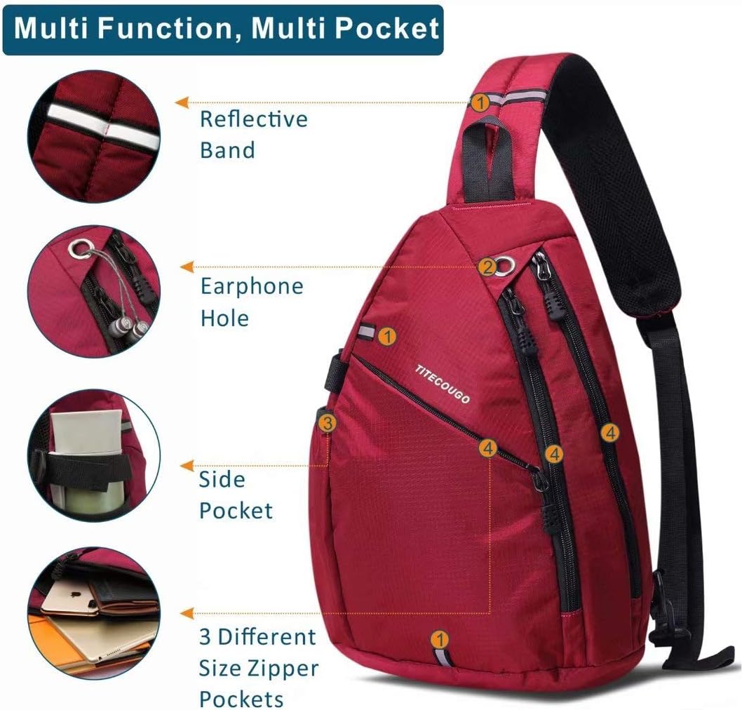 TITECOUGO Sling Backpack Travel Shoulder Bag One Strap Crossbody Bags Lightweight Chest Daypack Camp Day Packs for Women and Men Hiking Accessories Large Red - Image 3