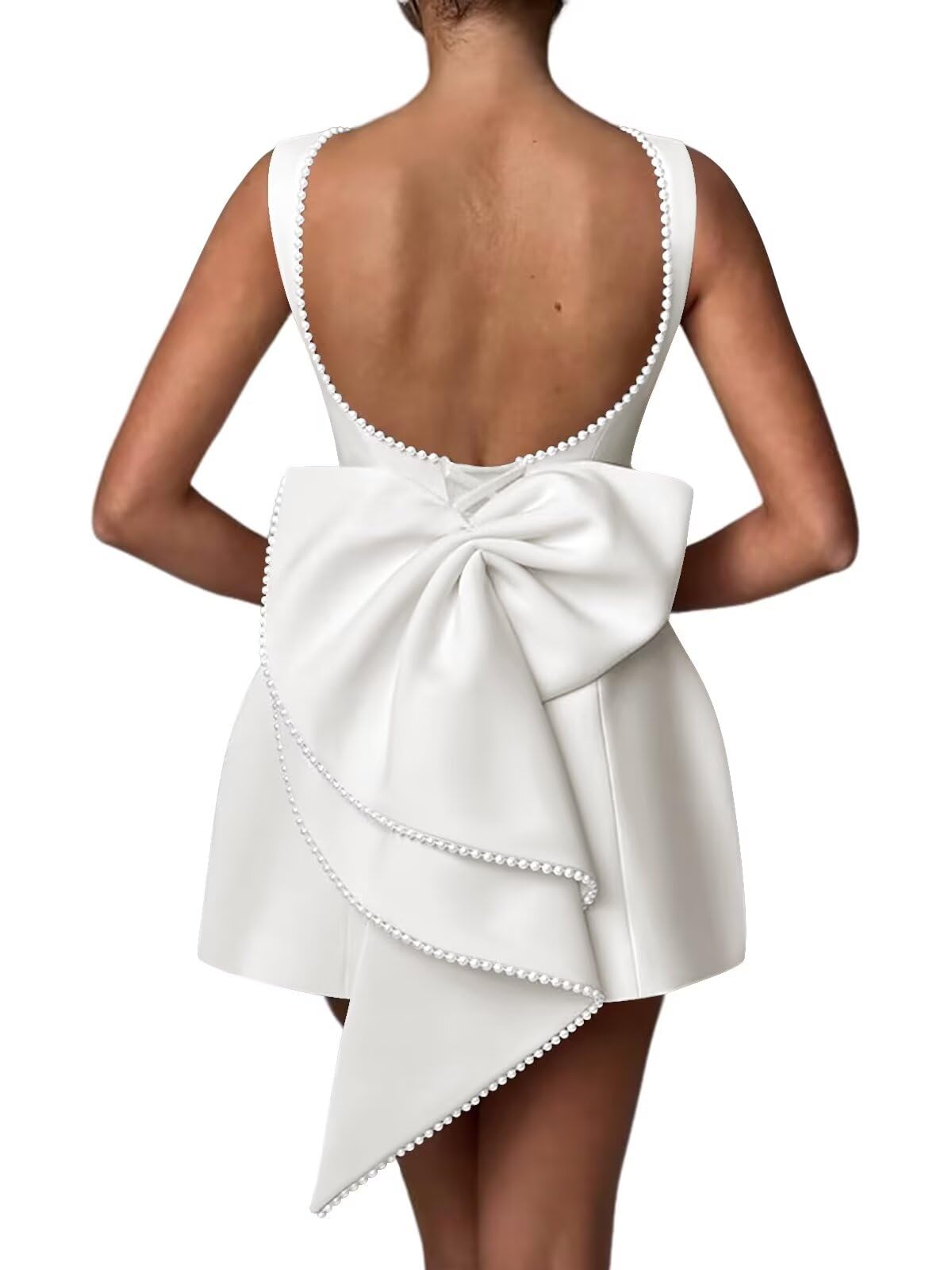 Photo 1 of Aosadin Satin Pearl Dress Bow Back Cocktail Dress for Women Round Neckline Evening Gowns Ivory 8