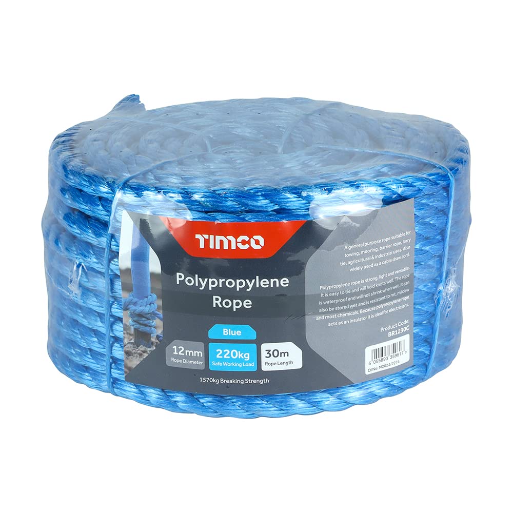 TIMCO Polypropylene Blue Rope – General purpose – Great for towing, mooring, strapping, cable draw cord and as a washing line - Winder – 12mm x 30m