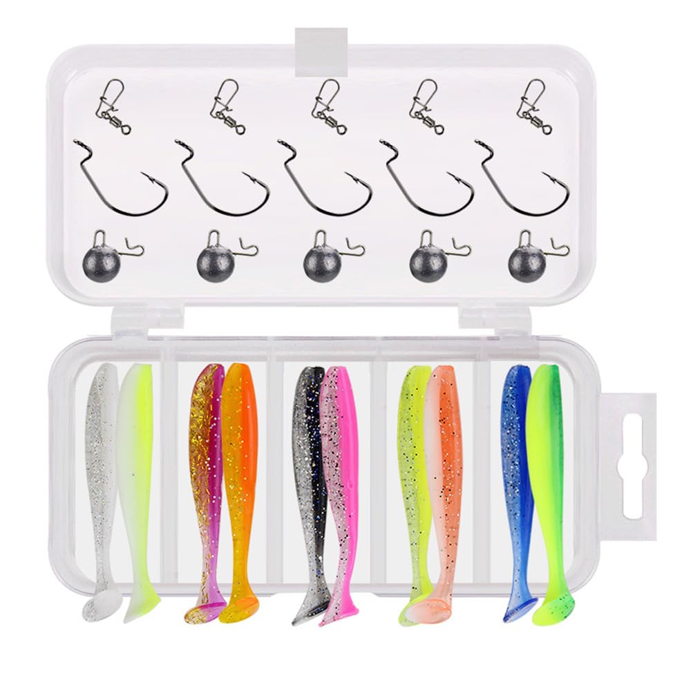 TopHomer 25PCS Fishing Soft Lures Set, Jig Heads Hooks, Fishing Lures Jig Heads, Assorted Artificial Fishing Baits for Sea Bass, Perch, Pike, Zander Freshwater & Saltwater Fishing Accessories