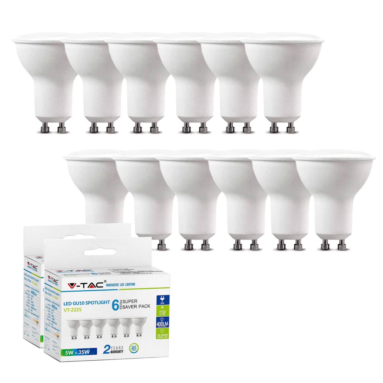 V-TAC GU10 LED Spotlight, Warm White 2700K, 5W 400 Lumens, 35W Halogen Equivalent, Energy Saving, 110° Wide Beam, Non-Dimmable, Pack of 12