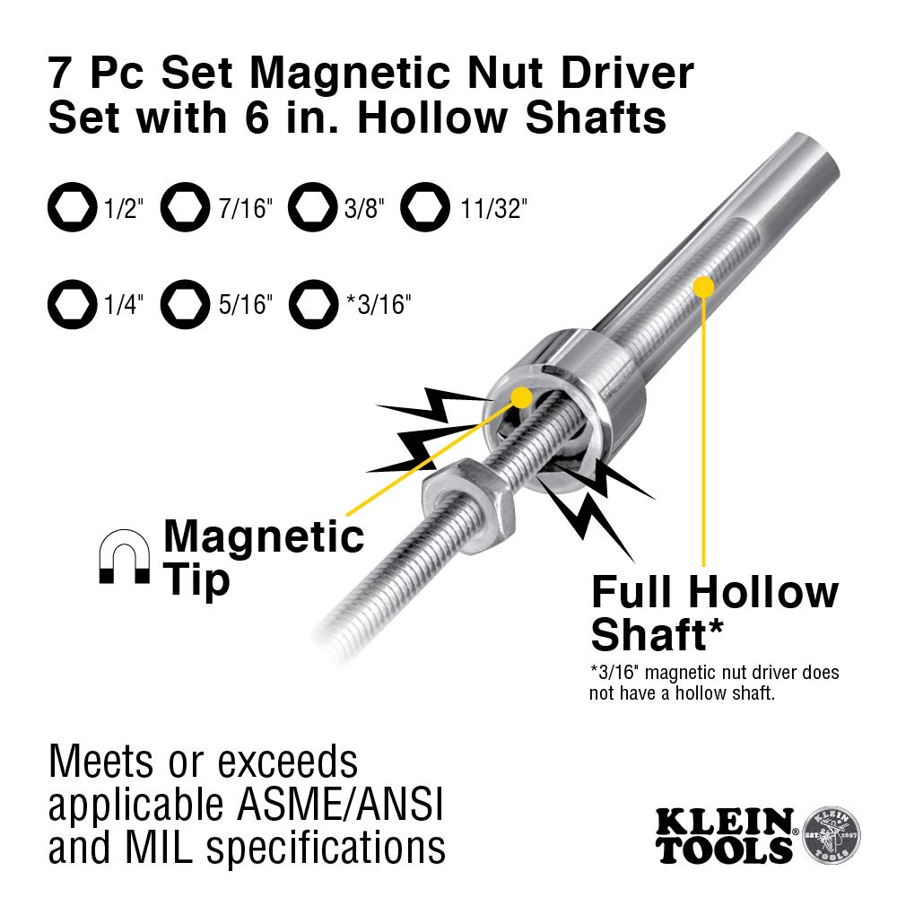 Klein Tools 647M Nut Driver Set, 7-Piece Kit with Hex Nut Drivers in SAE Sizes with Magnetic Hollow Shaft and Cushion Grip Handles: Industrial & Scientific