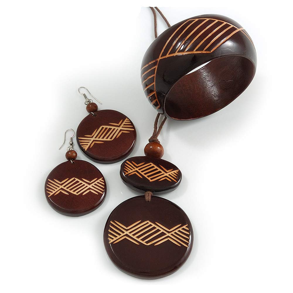 Avalaya Long Brown Cord Wooden Pendant with Geometric Motif, Drop Earrings and Bangle Set in Brown - 76cm L/Medium Size Bangle