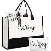 Lamyba Wifey Tote Bag with Makeup Bag, Wifey Wife Gifts for the Bride, Bridal Shower Gifts, Black and White