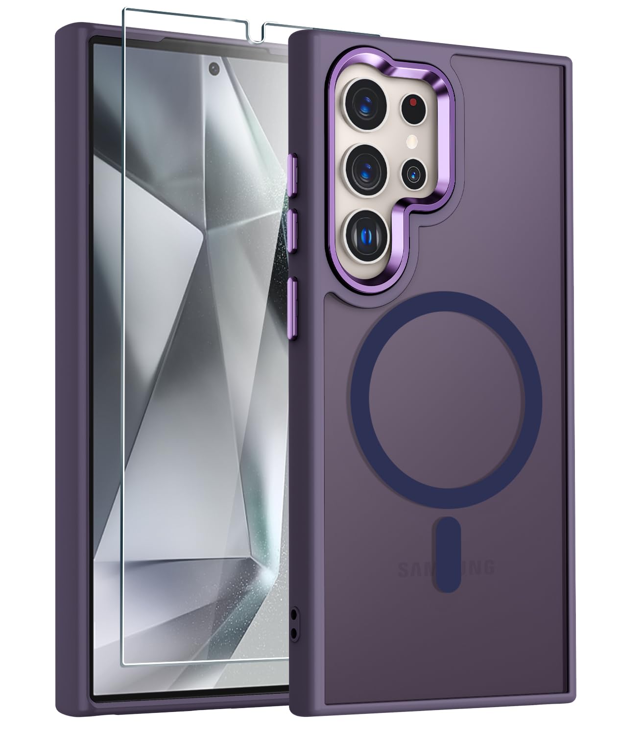 Photo 1 of WRJ Case for Samsung Galaxy S25 Ultra, Translucent Magnetic Phone Case for Women Men [Compatible with Magsafe] Slim Anti-Fingerprints Shockproof Protective Cover with Screen Protector-Dark Purple