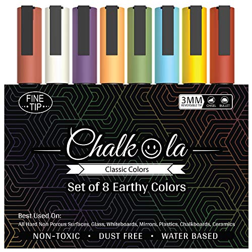 Fine Tip Chalkboard Chalk Markers (8 Pack 3mm) Classic Earth Color Ink - Erasable Dry Erase Marker Pens for Blackboards, Bistro, Window | 3mm Reversible Bullet & Chisel Point