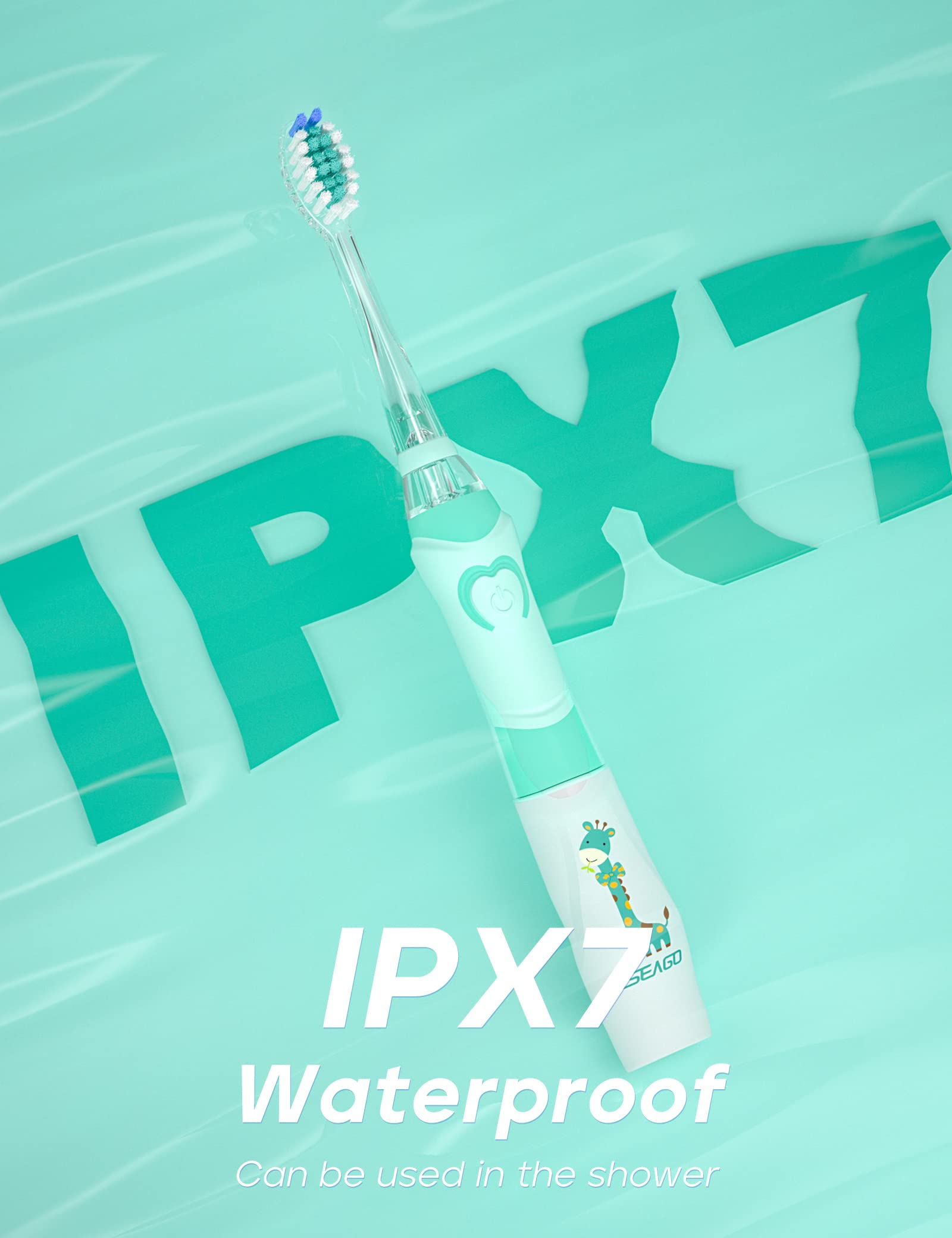 SEAGO Kids Electric Toothbrush with 2 Mins Brushing Timer and 4 Replacement Bursh Heads, Rainbow LED Light Make Brushing Fun, Green Color Boys Battery Powerd Toothbrush for 4-12 Years Old，SG-977