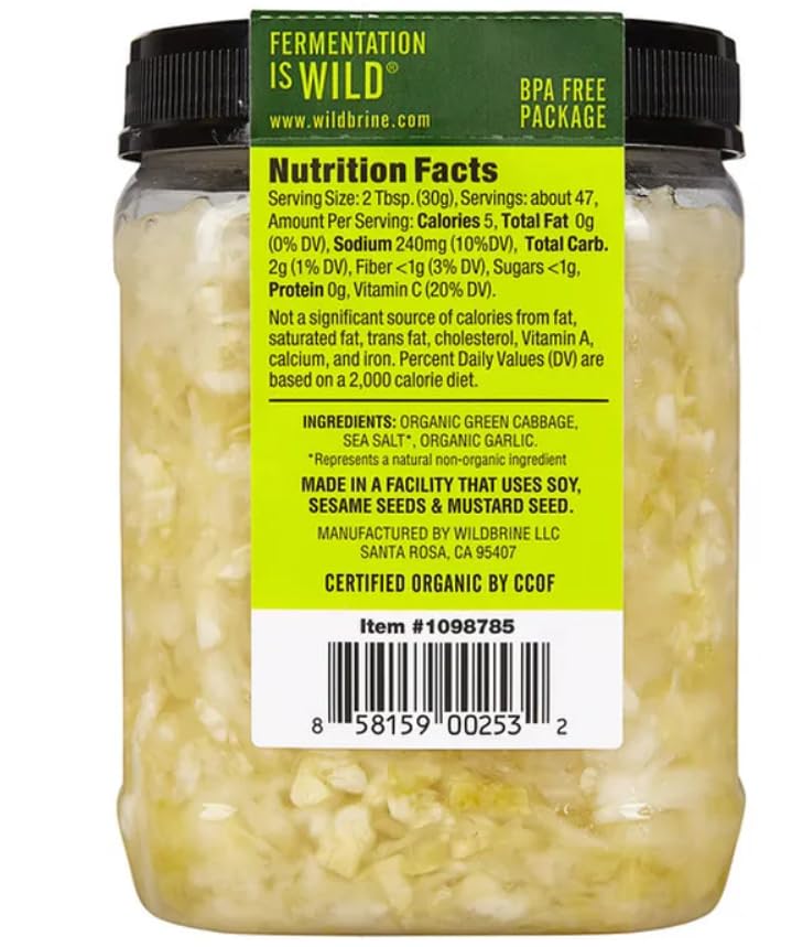 Raw Organic Sauerkraut with Garlic, 50 oz Jar - Organic Green Cabbage, Sea Salt, Probiotic Fermented Gut Health Boost