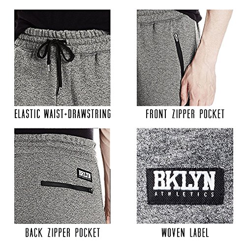 BROOKLYN ATHLETICS Men's Fleece Jogger Pants Active Zipper Pocket Sweatpants, Black Marl, Medium 