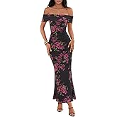 MEROKEETY Women's Spring Off Shoulder Floral Maxi Dress 2026 Summer Formal Beach Wedding Guest Cocktail Bodycon Dresses