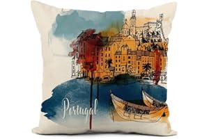 Feiiiemi Linen Throw Pillow Cover Lisbon Portugal Watercolor Skyline Travel Architecture Building Cathedral Home Decor Pillow