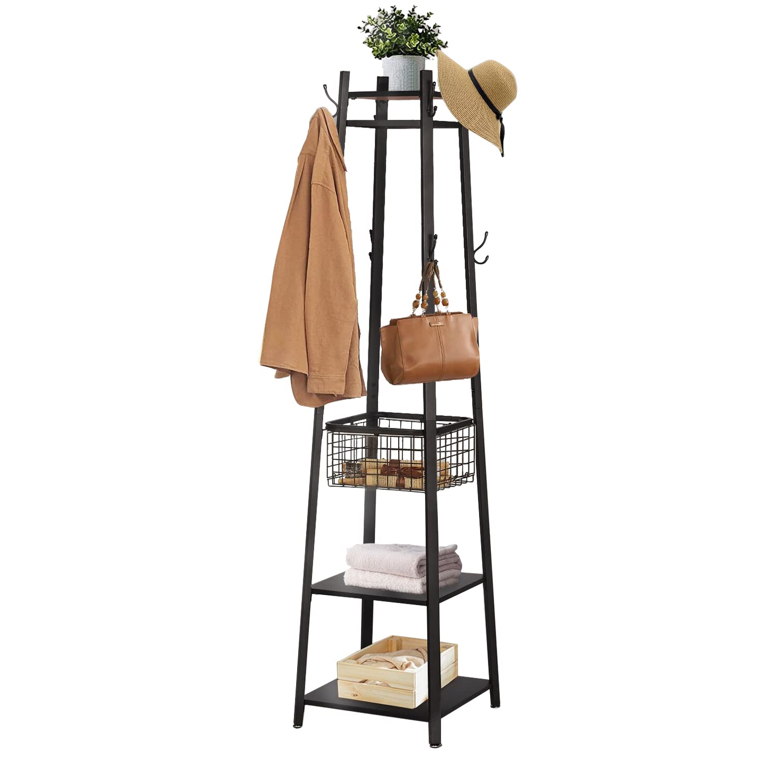 VECELO Coat Rack Freestanding,Hall Tree with Metal Basket and Storage Shelves,Industrial Coat Rack Stand with 8 Hooks for Hanging Coats/Hats/Bags/Umbrellas,18 x 18 x 72 In,Matte Black Image VECELO Coat Rack Freestanding,Hall Tree with Metal Basket and Storage Shelves,Industrial Coat Rack Stand with 8 Hooks for Hanging Coats/Hats/Bags/Umbrellas,18 x 18 x 72 In,Matte Black Image