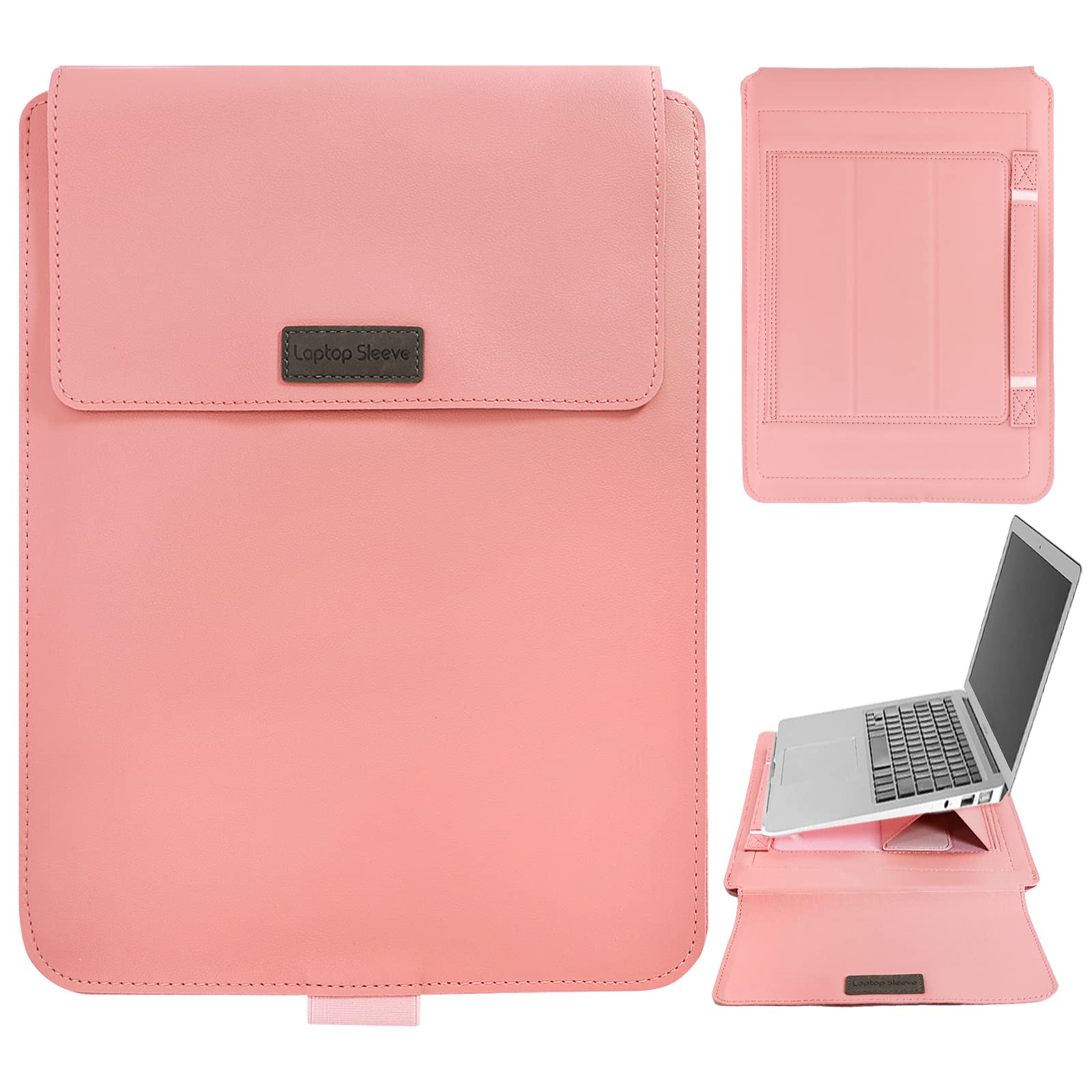 13-14 Inch Laptop Sleeve Integrate with Adjustable Stand & Mouse Pad, Leather Case Bag for MacBook Pro M2/M1 Pro/Max A2779 A2442, MacBook Air 13, 13.5 Surface Laptop 5/4/3/2/1-Pink