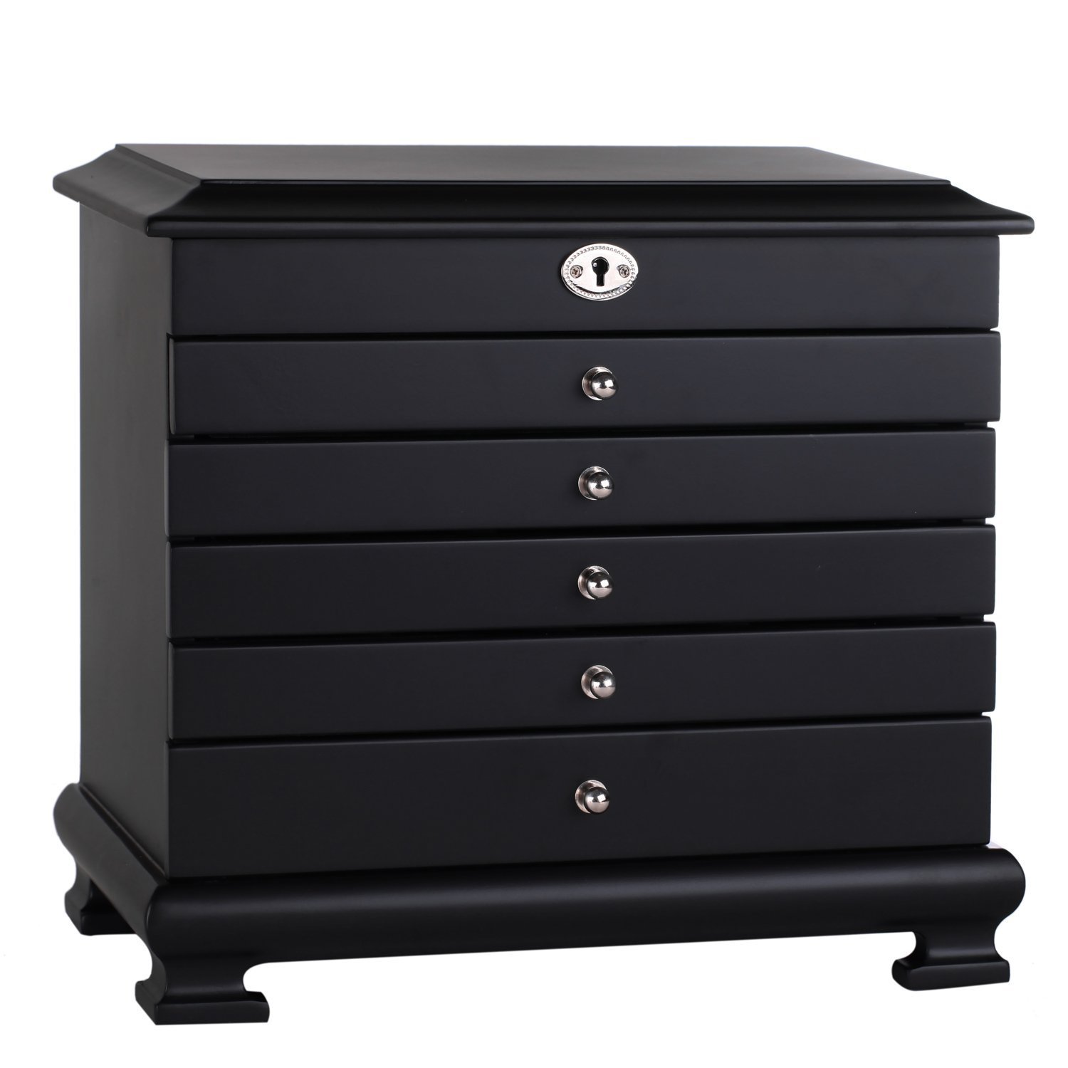 Large Wooden Jewellery Box Armoire Earrling Bracelet Organizer 6 Layers Mirror (Black)
