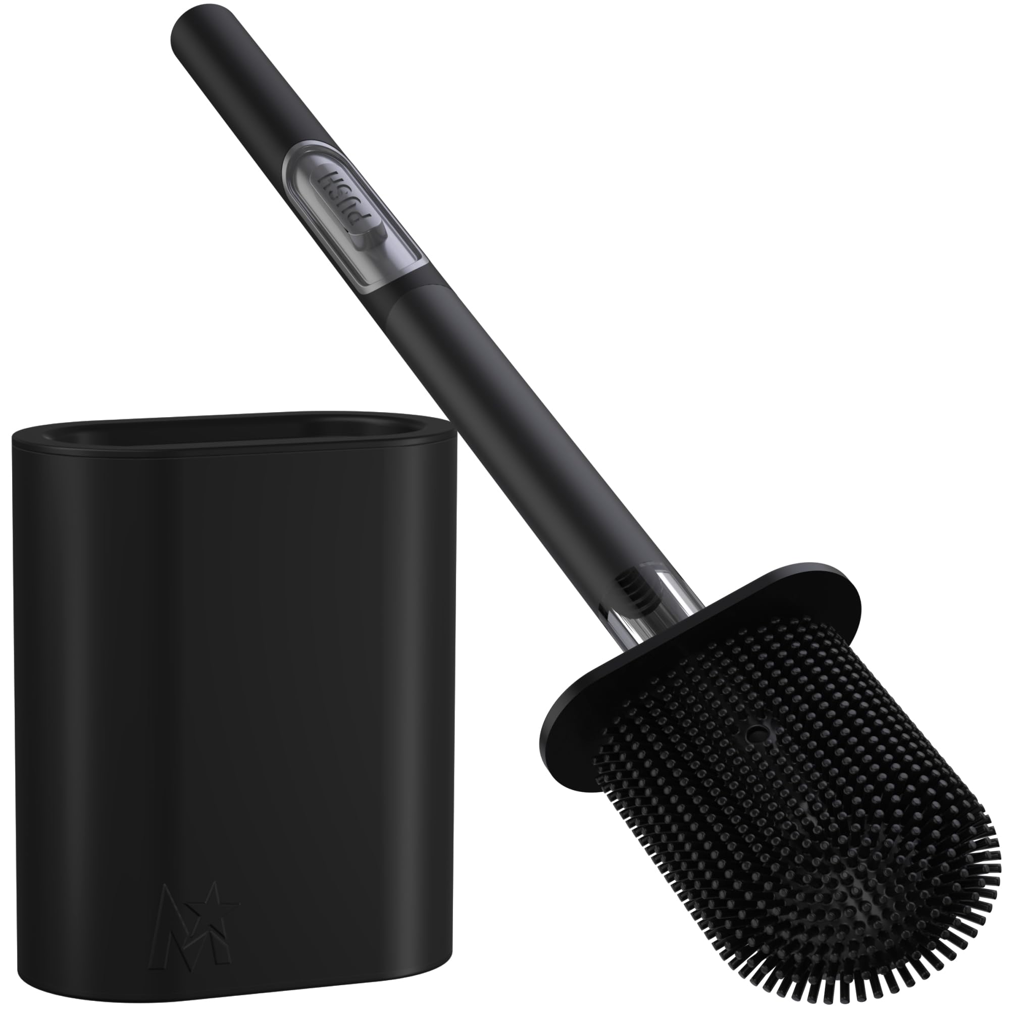 MooStar Premium Silicone Toilet Brush with Holder-Stainless Steel Wall-Mounted & Free-Standing Toilet Brushes & Holders with Quick-Drying Flexible Flat Brush Head & Soap Dispenser for Bathroom-Black