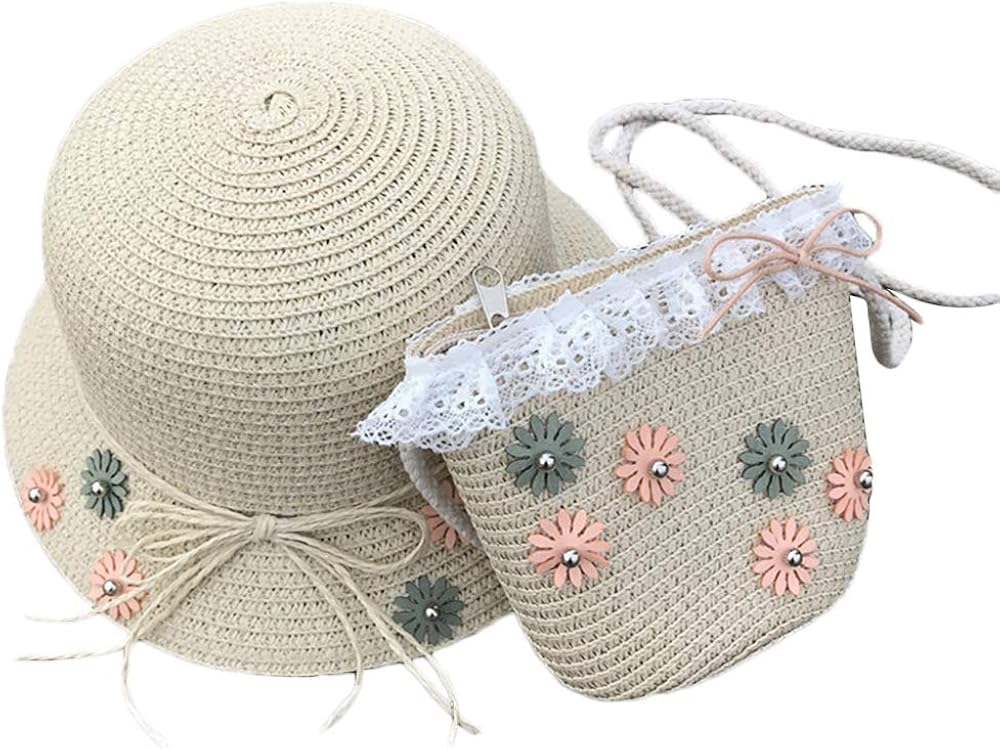 ZZM Straw Hat and Straw Bag Girls Sun Beach Flower Floppy Hat Handbag