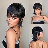 Msviki Black Short Mullet Pixie Cut Wigs Human Hair 80 90s Wear And Go Glueless Short Straight Bob Wig With Bangs 150% Brazilian Full Machine Human Hair Wig