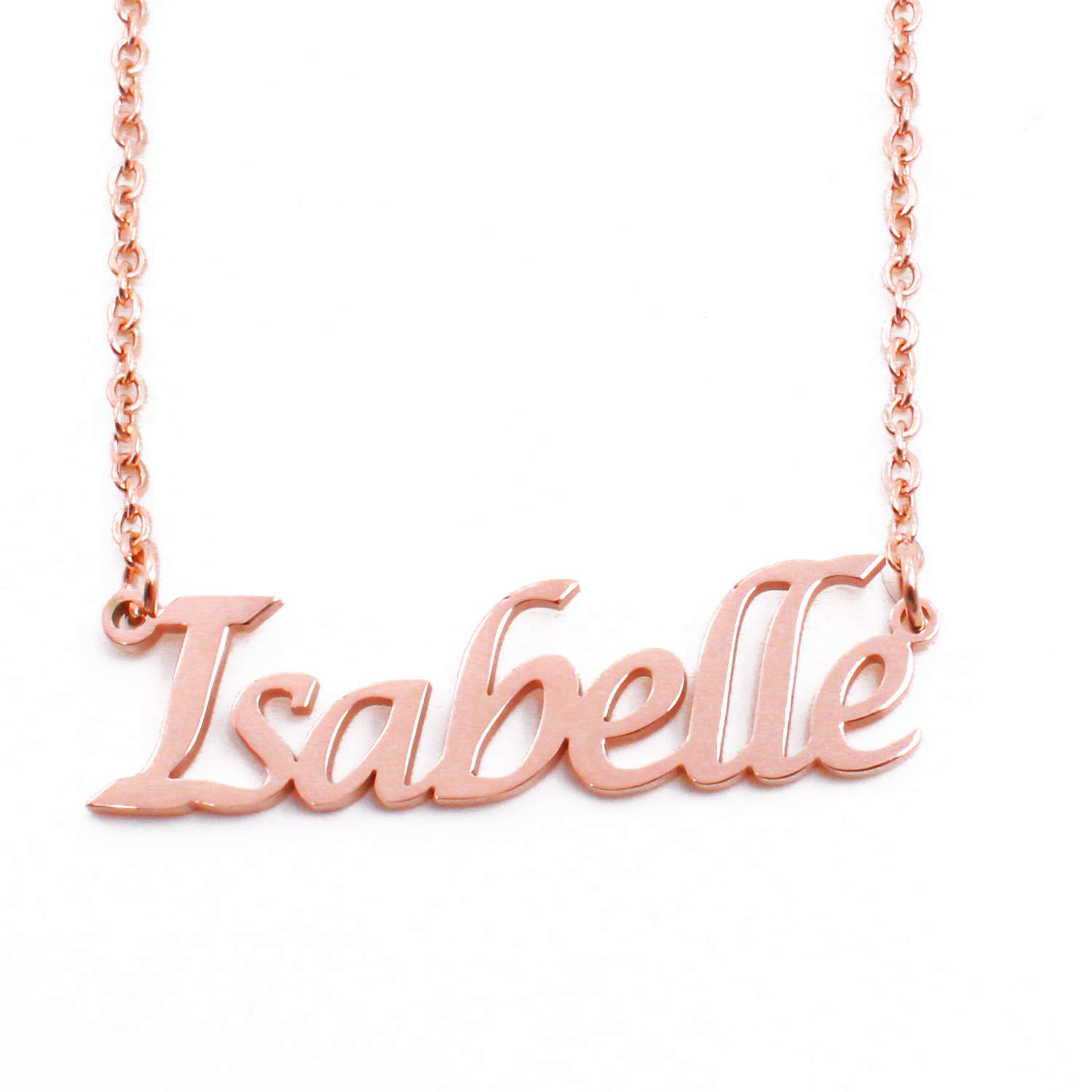 Kigu Isabelle Name Necklace Personalised 18ct Rose Gold Plated, Custom Dainty Name Pendants, Jewellery for Ladies, Girlfriend, Mother, Sister, Friends Inc Bag & Box