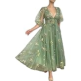 Smileven Women's Puffy Sleeve Prom Dresses Flower Embroidery Tulle Formal Evening Party Gowns