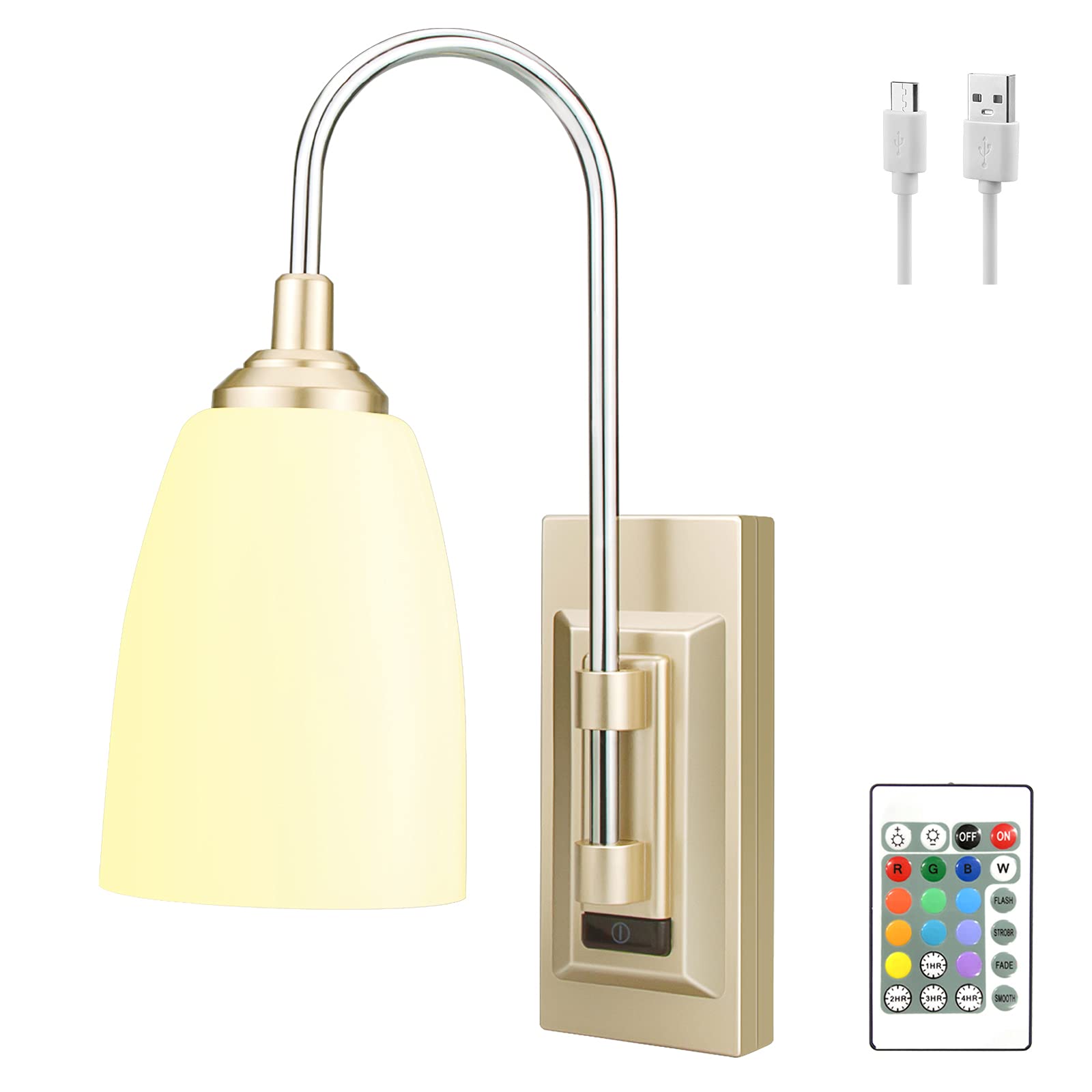 HONWELL LED Wall Lights, USB Rechargeable Wall Lamp, Indoor Wall Sconce with 12 Color Changing, Wireless LED Wall Lighting for Living Room, Bedroom, Hallway, Staircase, 1 Piece, Gold