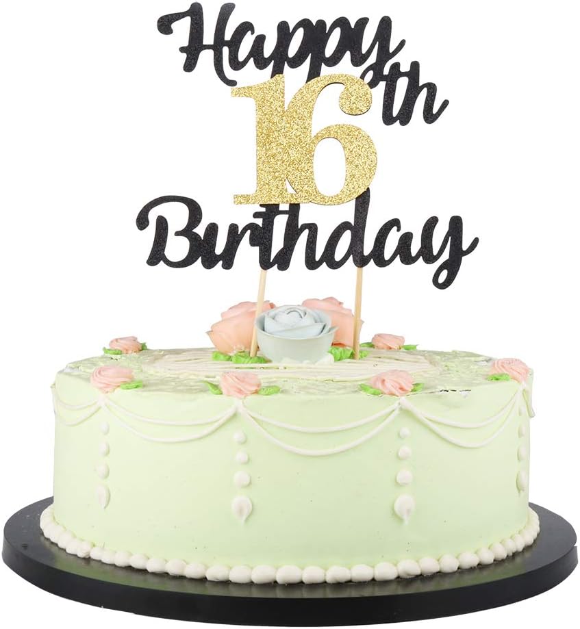 LVEUD happy birthday cake topper Black Font Golden Numbers 16th birthday happy Cake Topper -Birthday Party Decorations (16th)